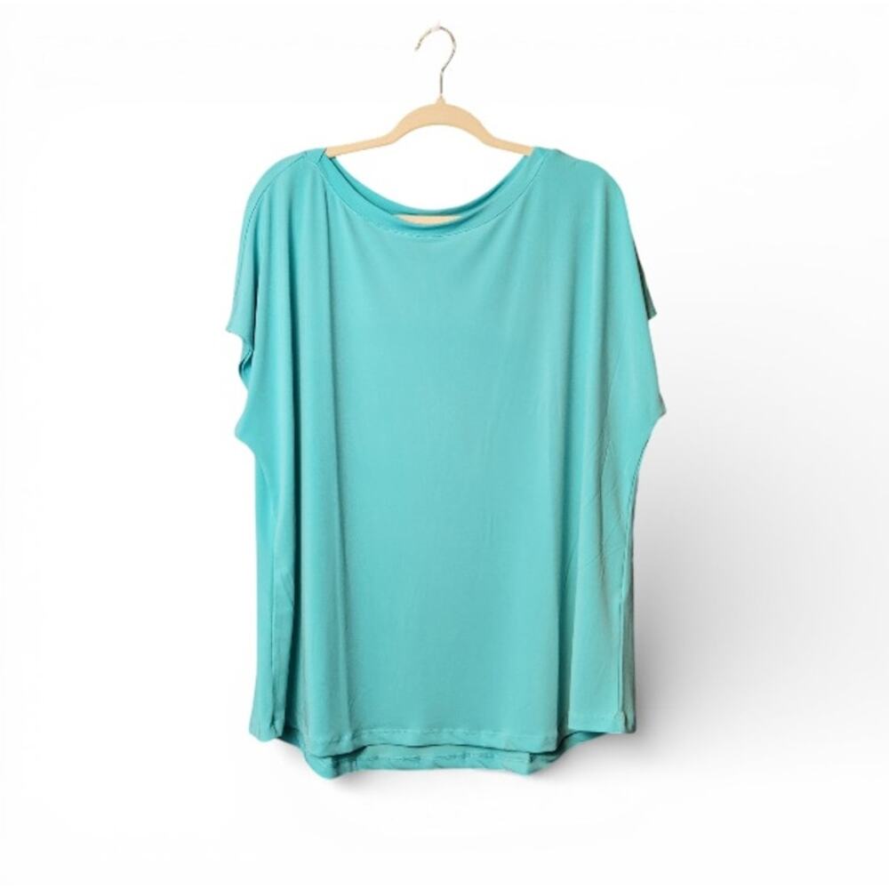 Chico's Size 4 Waterloo Blue Knit Top | Short Sleeve Scoop Neck XXL